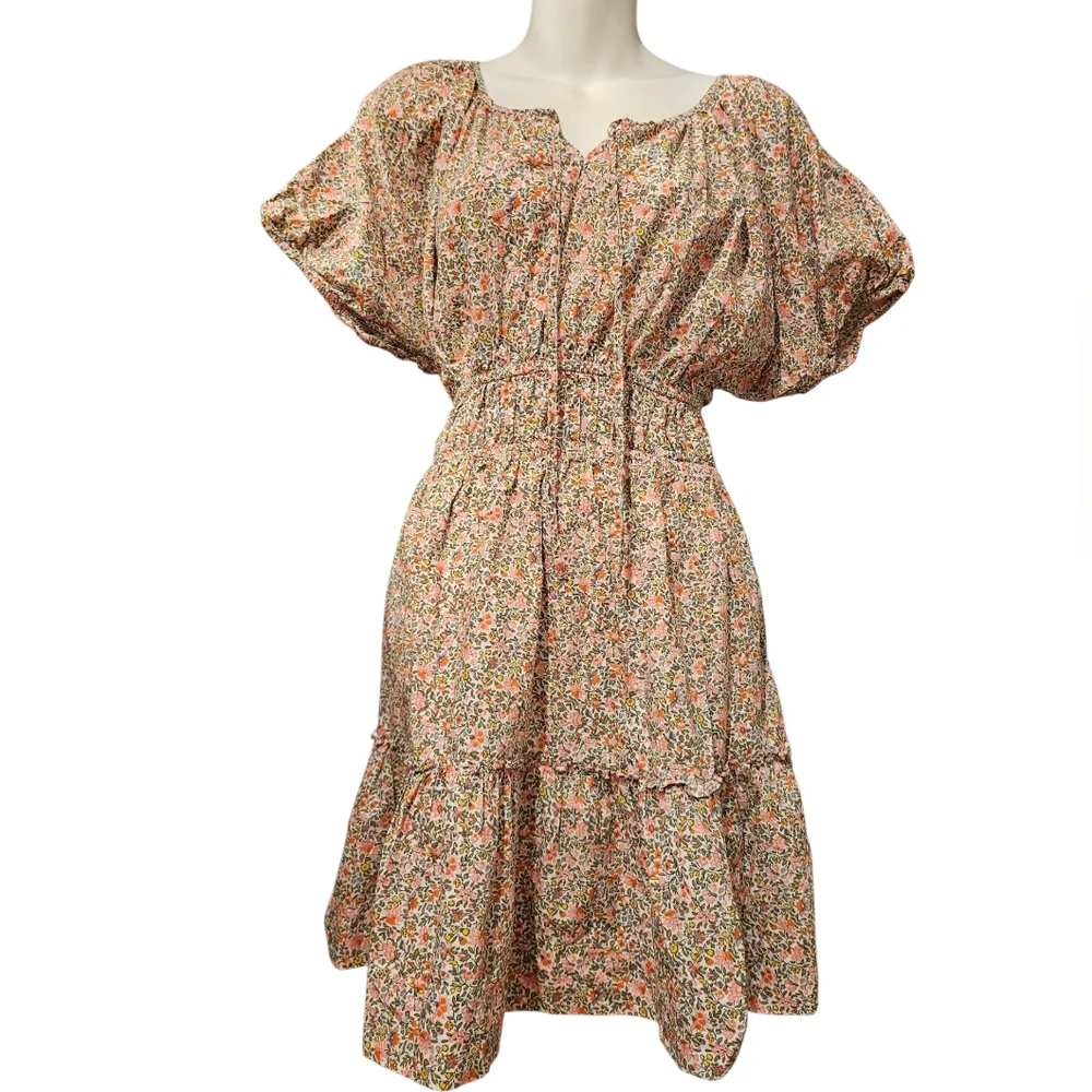 J.Crew Cotton Cinched waist puff sleeve nap dress scattered blooms cottagecore M